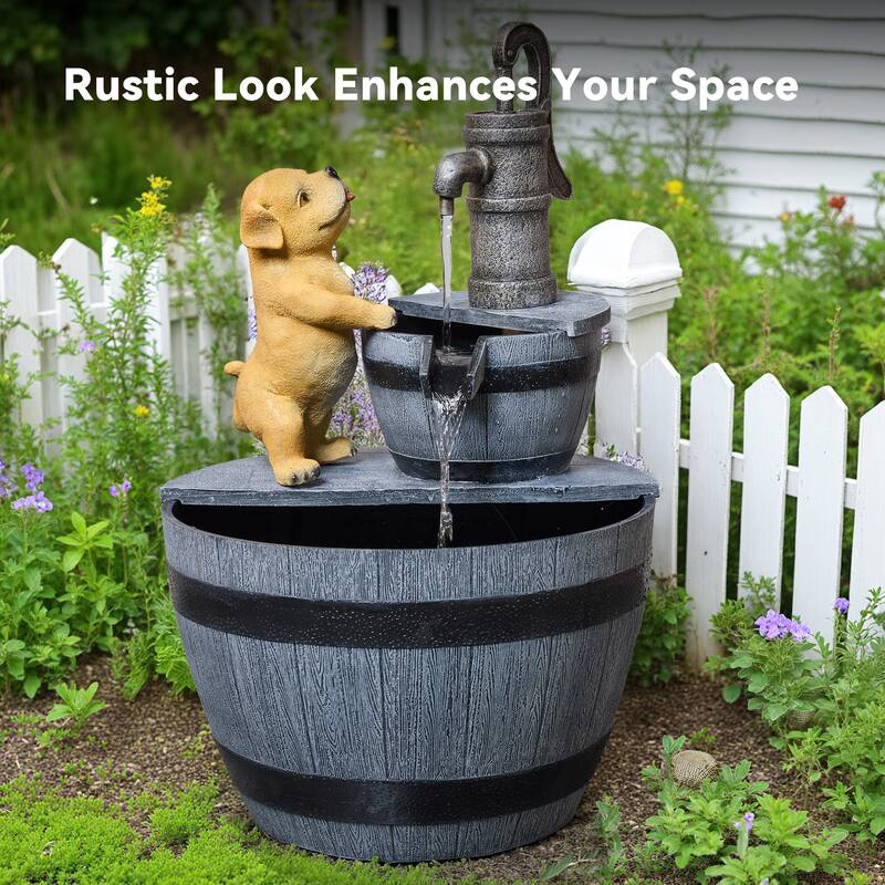 Farmhouse Tiered Outdoor Fountain – Faucet and Puppy Design, Weather Resistant Polyresin