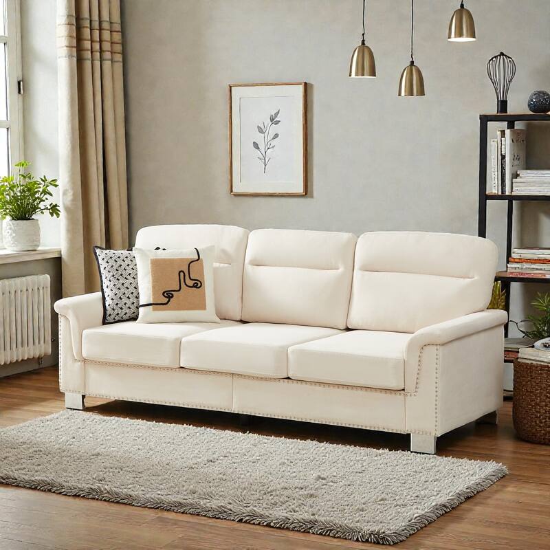 82 Inch Modern 3 Seater Sofa with Snowfleece Fabric, Compressed Upholstered Couch for Living Room Bedroom