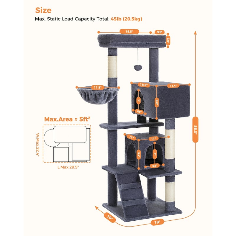 Cat Tree with Large Top Perch, Plush Hammock, 2 Condos, Dangling Pompom & Cat Scratching Posts