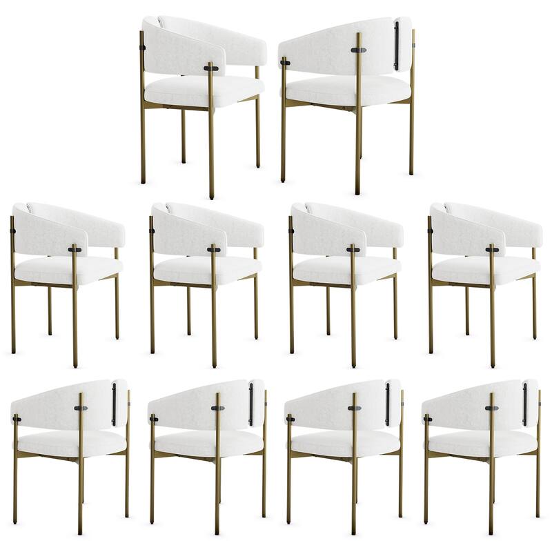 Classic and Luxurious Barrel Dining Chairs with Arms - Set of 10 - Brushed Gold and White