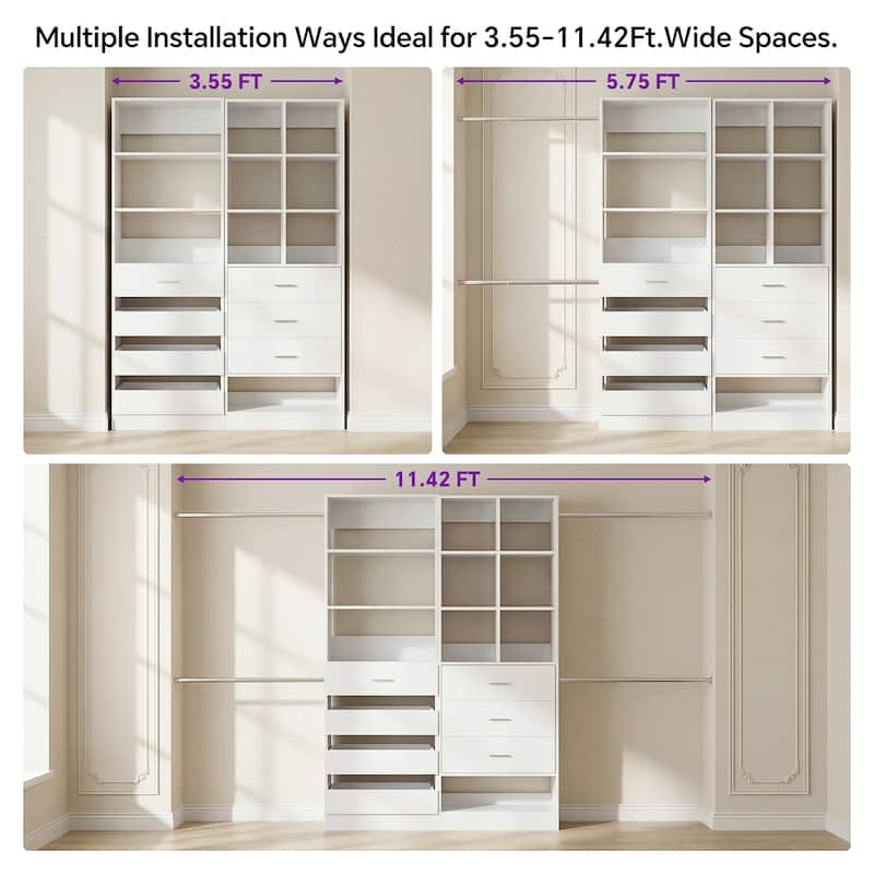 Set of 2 Closet System with 7 Wooden Drawers ＆ 4 Hanging Rods, Heavy Duty Walk-in Closet Organizer System with Shelves