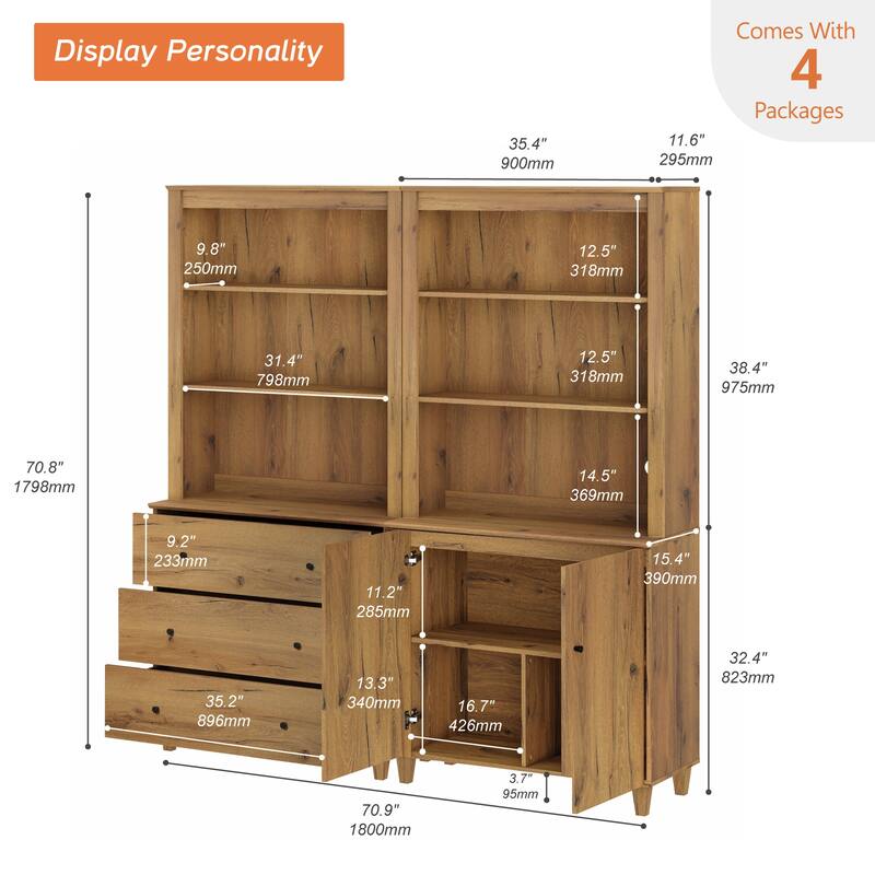 WAMPAT 71" Tall Bookshelf Set of 2, 5-Tier Modern Bookcases with 1 Cabinet and 3 Drawers for Living Room