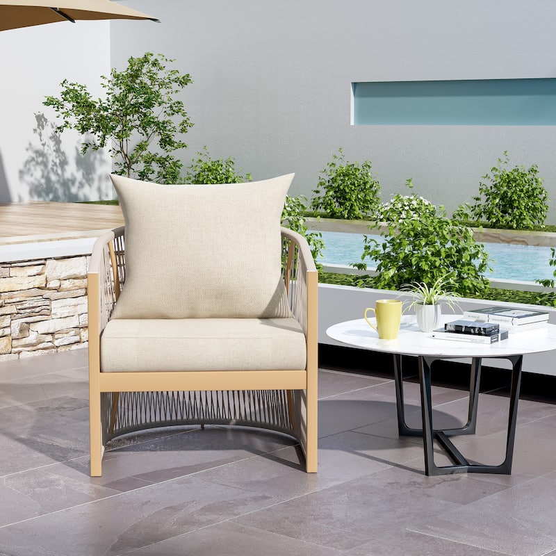 Modern Beige Curved Aluminum Lounge Chair w/ Stylish Rope-Weave Design & Cushioned Comfort, Perfect for Outdoor Living