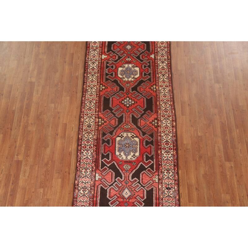 Geometric Red Hamedan Persian Vintage Runner Rug Handmade Wool Carpet
