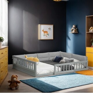 Wood Full Size Upholstered Platform Bed with Guardrail and Pillow