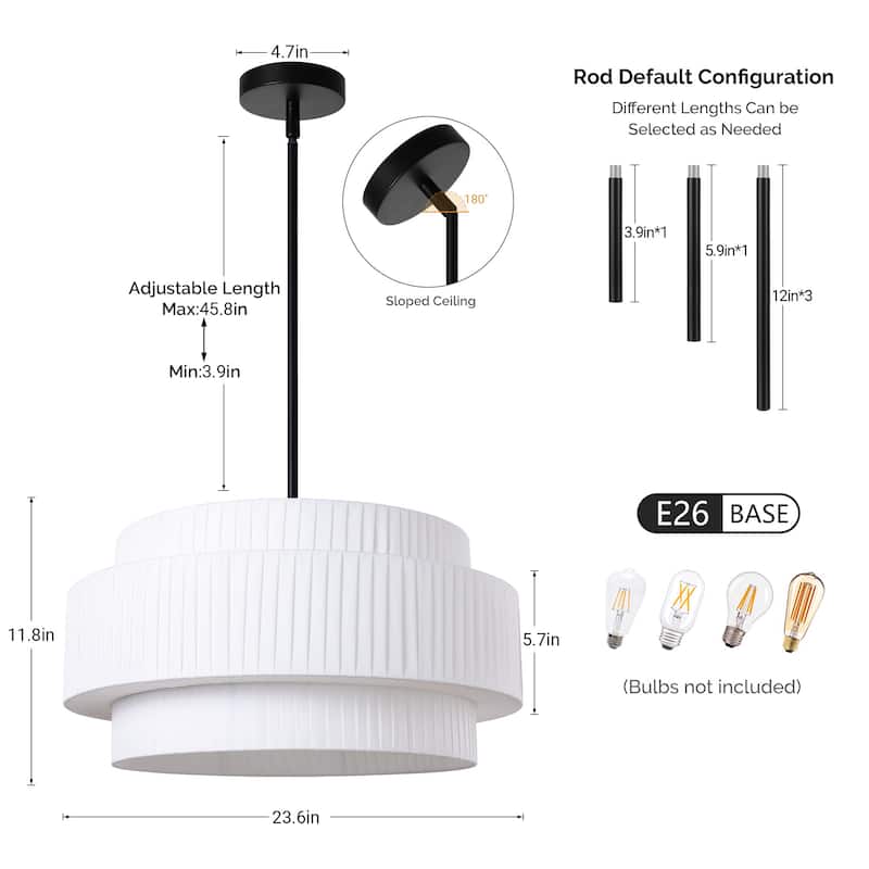 Modern 3-Tier Drum Chandeliers Fabric Shade Ceiling Hanging Pendant - 3-Tier/23.6inch