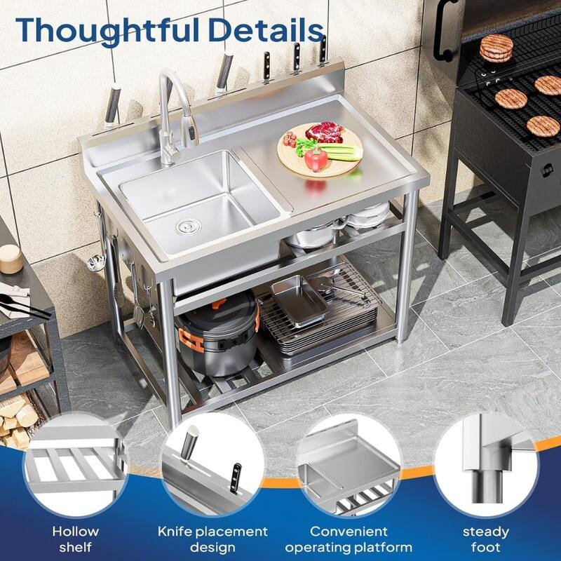 39 In. Freestanding Stainless Steel Single Bowl Kitchen Sink In Silver With Shelves And Hanging Hooks - N/A