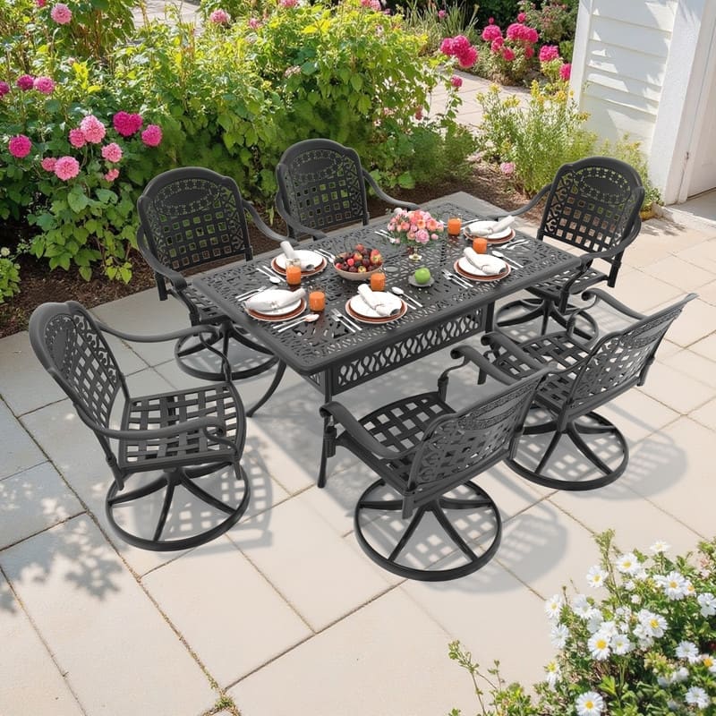 7-Piece Aluminum Rectangular Outdoor Patio Dining Set, 6 Cushioned Swivel Chairs, Table, All-Weather Frames
