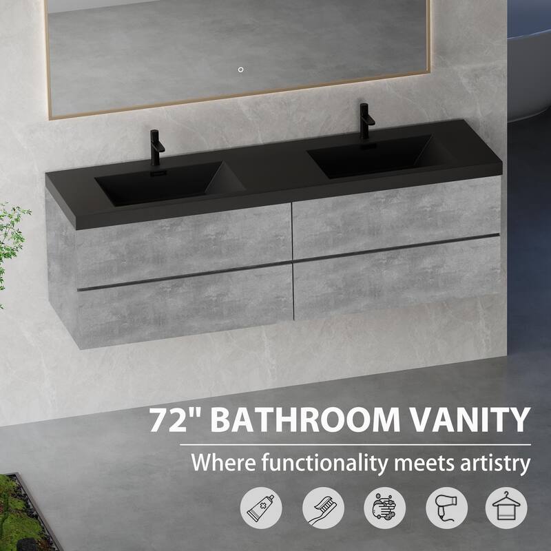 Modern Wall-Mounted Bathroom Vanity in Gray with Black Quartz Sand Top