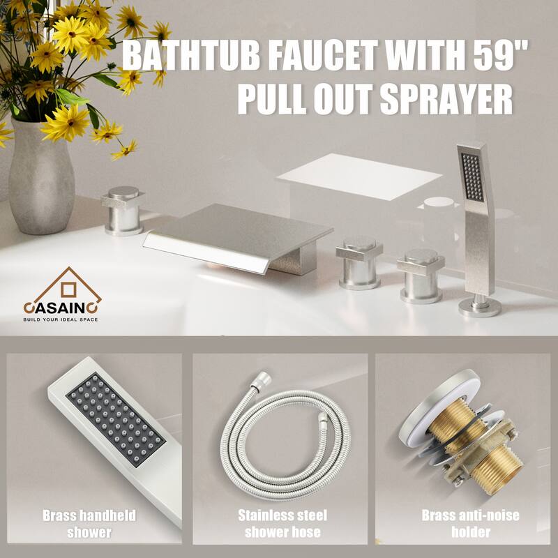 3-Handle Deck-Mount Bathtub Faucet Waterfall Roman Tub Faucet with Hand Shower