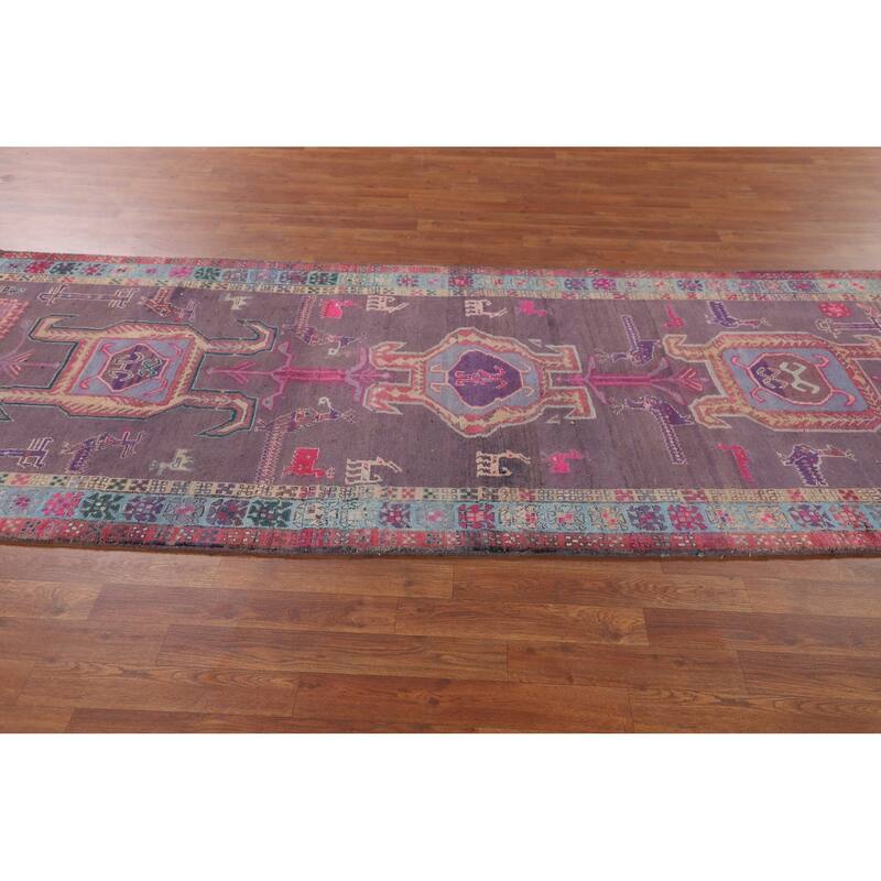 Purple Tribal Ardebil Persian Vintage Runner Rug Handmade Wool Carpet - 3'10" x 9'7"