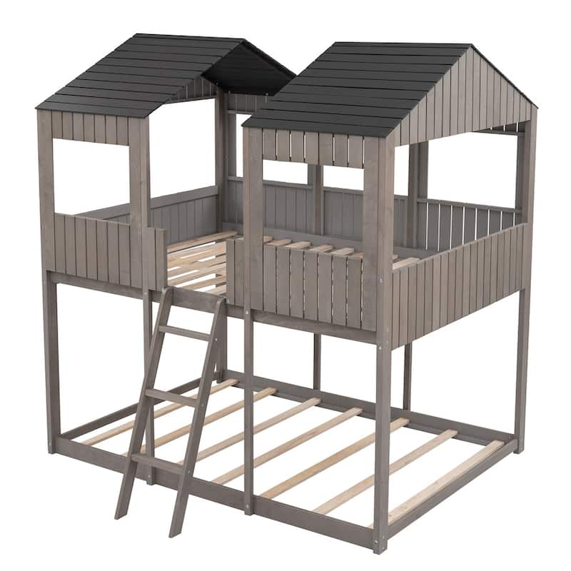 Merax Full over Full Wood Tower Bunk Bed with Roof