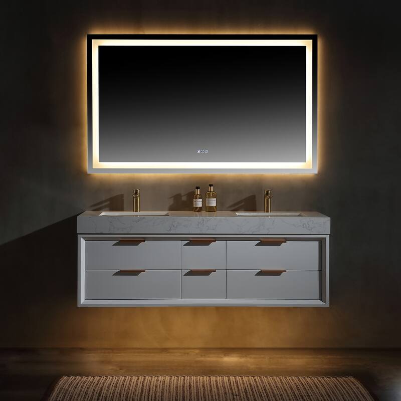 36/48/60 Modern Floating Bathroom Vanity with Sinle/Double Sink & Soft-Close Drawers & LED Lighting & Waterproof, White