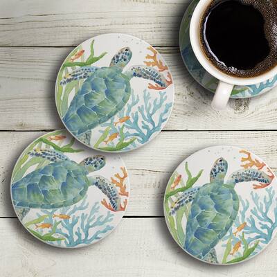 CounterArt Sea Life Serenade Absorbent Stone Tumbled Tile Coaster Set of 4 Made in The USA Protective Cork Backing - 4x4x293
