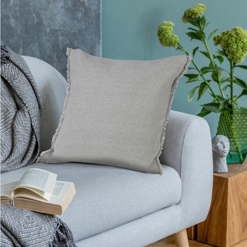 Sevita Light Gray Solid Stonewash Throw Pillow with Fringe - 20" x 20" - Polyester