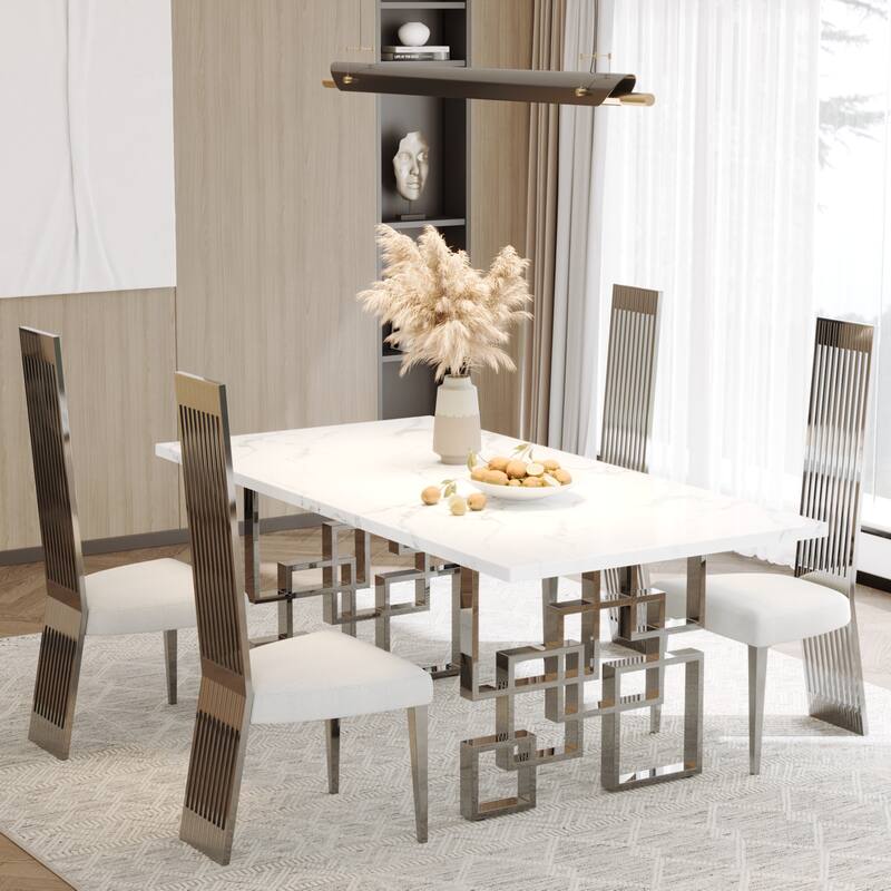 Faux Mable Dining Table Set with White Boucle and High Back Chairs - Table with 4 Chairs - Silver
