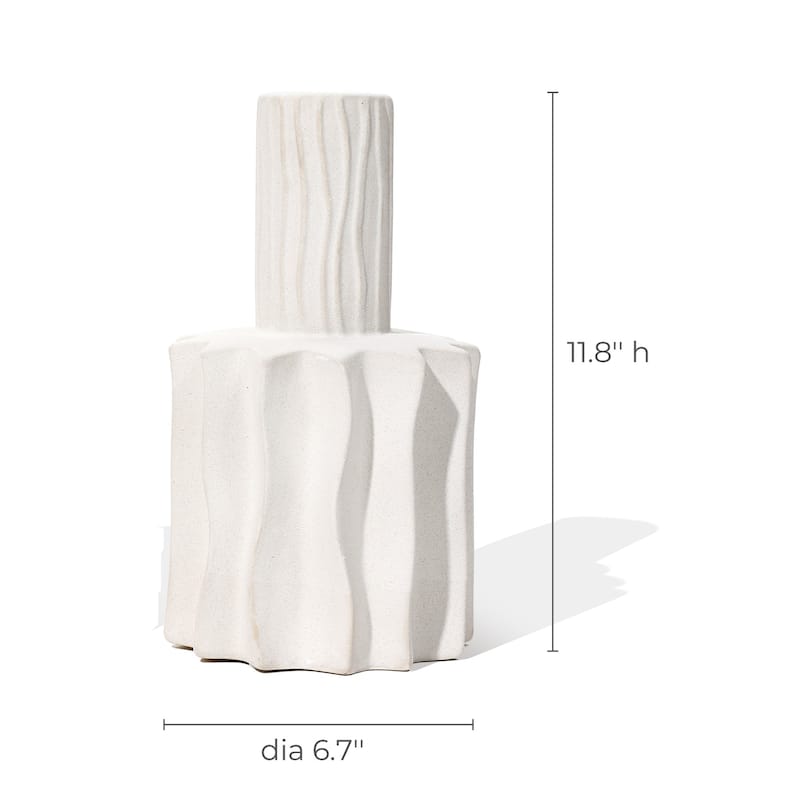 White Fluted Stoneware Table Vase (Single) - 11.8" H x 6.7" W x 6.7" D
