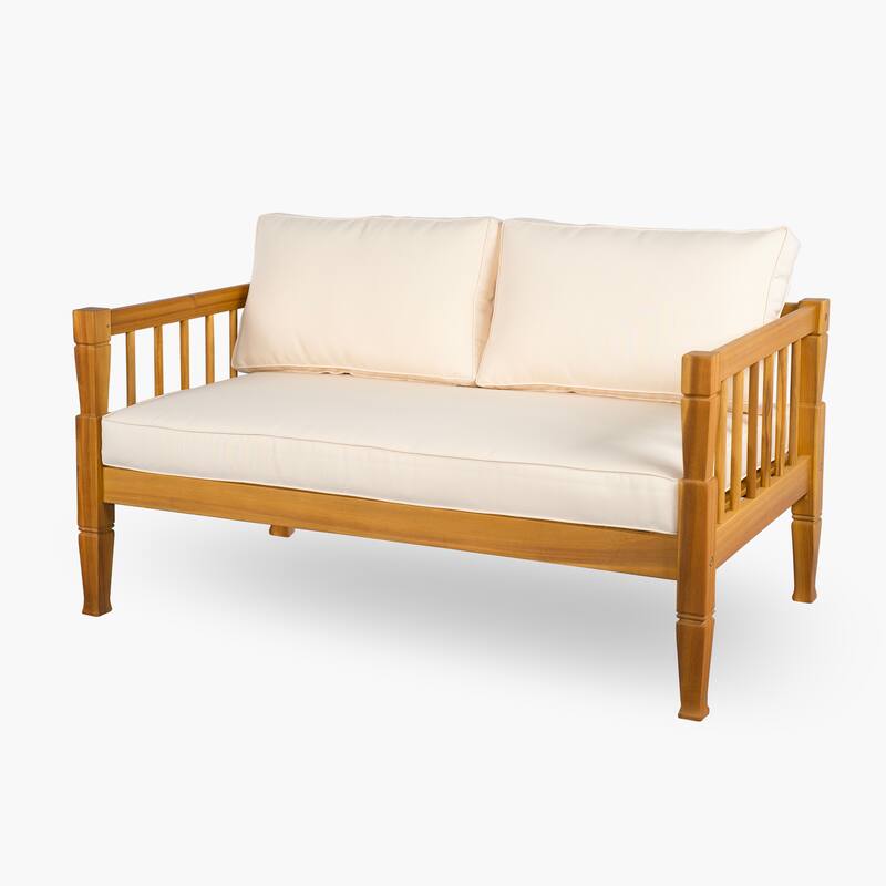 Roomfitters 4-Piece Acacia Wood Patio Furniture Set, Seating Conversation Set with 4-Inch Thick Cushions and Coffee Table