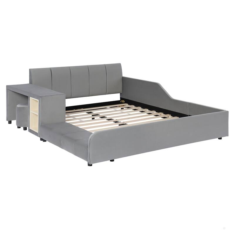 Upholstered Grounded Bed Mother & Child Bed with Bedside Desk and Little Round Stool