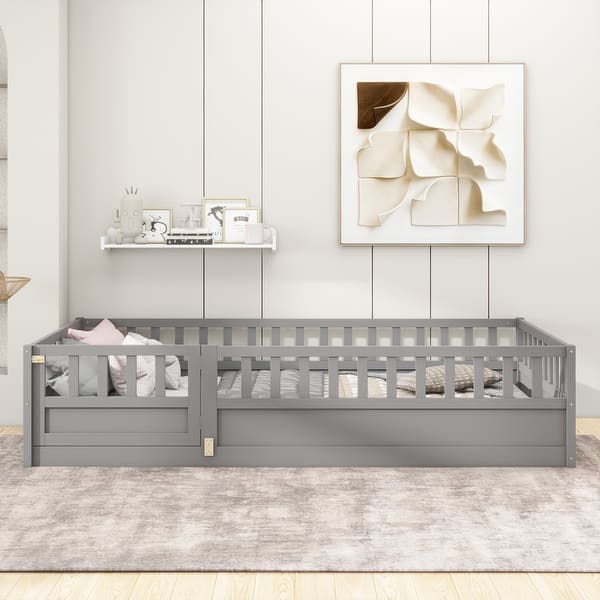 slide 2 of 13, Grey Twin Size Pine Wood Floor Bed with Full-length Guardrail and Door for Kids, Adults Twin - Grey