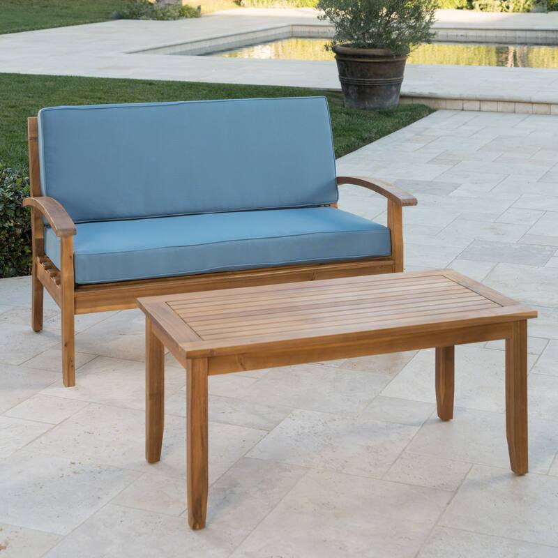 Roomfitters Outdoor Coffee Table with Beige Cushion, Slatted Rectangular Top, Patio Seating Side Table