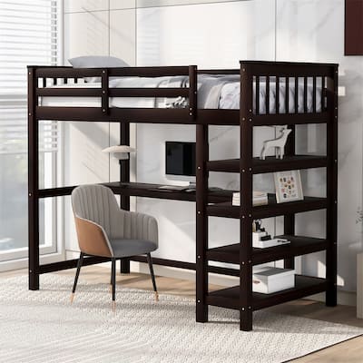 Merax Loft Bed with Storage Shelves and Under-bed Desk
