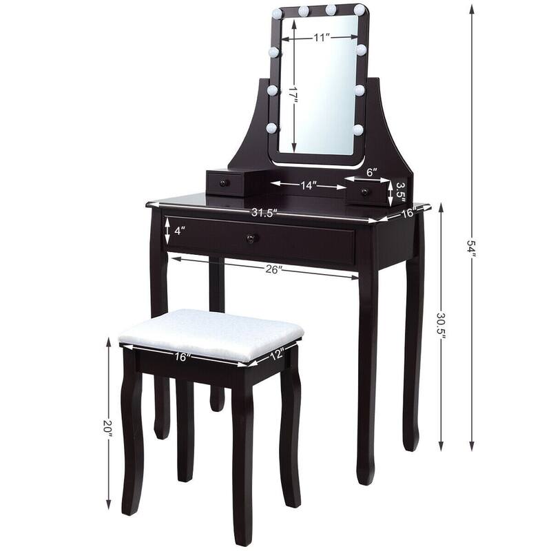 10 LED Lighted Mirror and 3 Drawers Vanity Table Set - 31.5" x 16" x 54" (L x W x H)