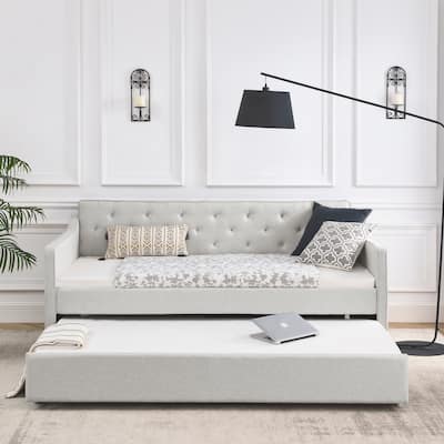 Twin Size Daybed with Trundle Upholstered Tufted Sofa Bed, Beige
