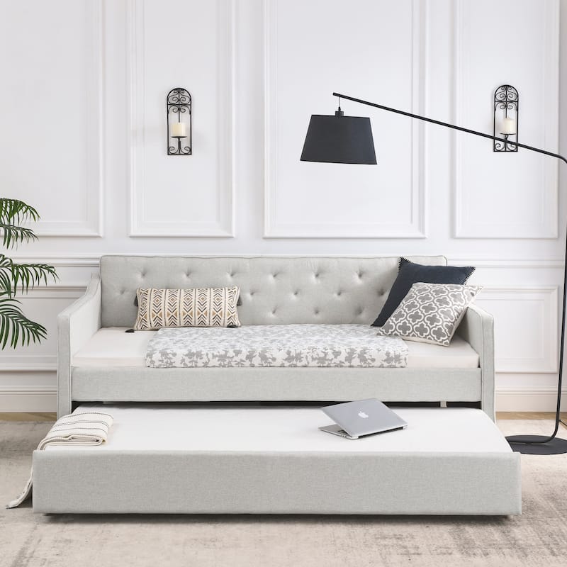 Twin Size Daybed with Twin Size Trundle Upholstered Tufted Sofa Bed, Waved Shape Arms, Grey (80.5"x44.5"x33.5") - Beige