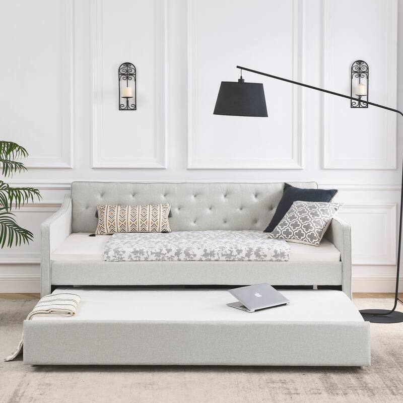 Twin Size Linen Upholstered Daybed Frame with Trundle & Tufted Backrest