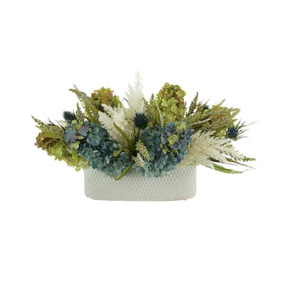 Assorted Hydrangea, Pampas, Thistle and Feather Arrangement in a Ceramic Vase