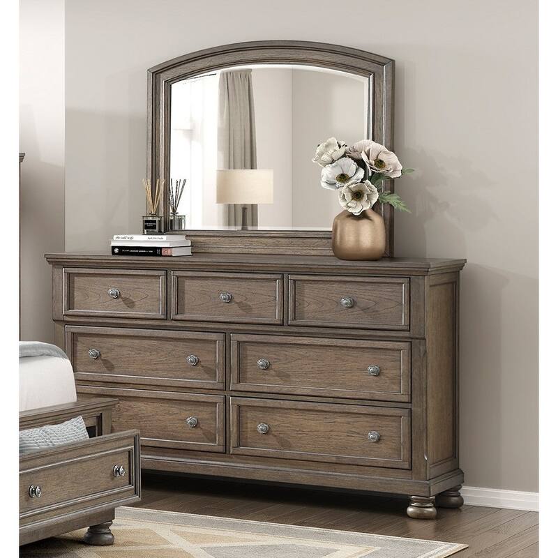 Antique Brown 3pc Bedroom Set Sleigh Platform Bed Dresser Mirror Set Classic Design