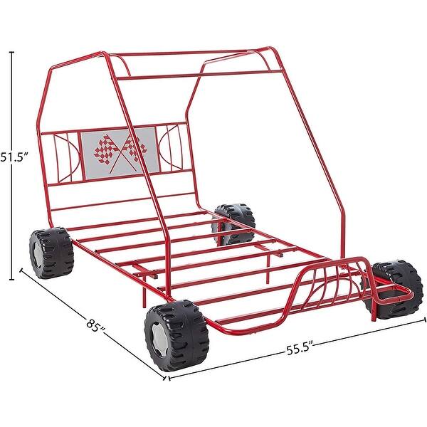 dimension image slide 0 of 2, Youth Go Kart Design Twin Bed w/4 Wheels & Racing Flag Decor Headboard