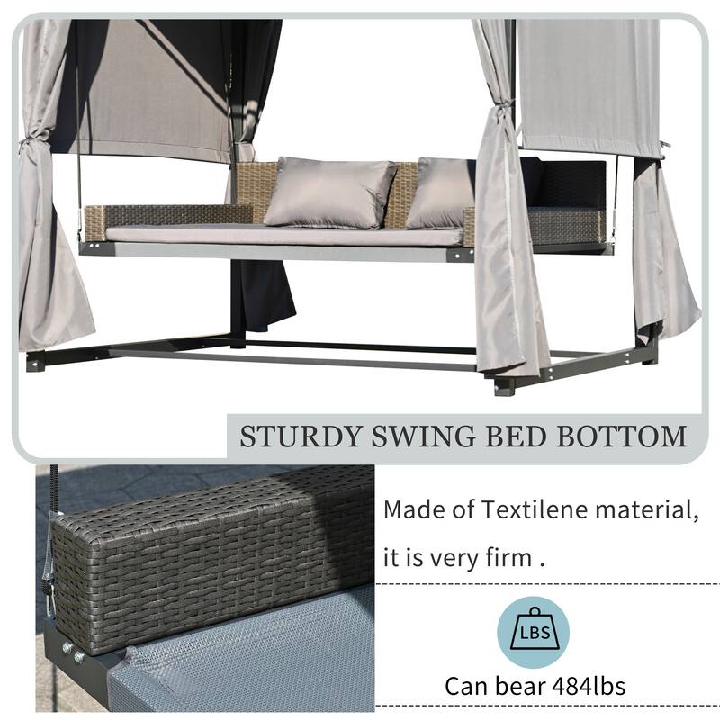 Outdoor Patio Swing Bed 23 People Daybed Adjustable Curtains Sunbed
