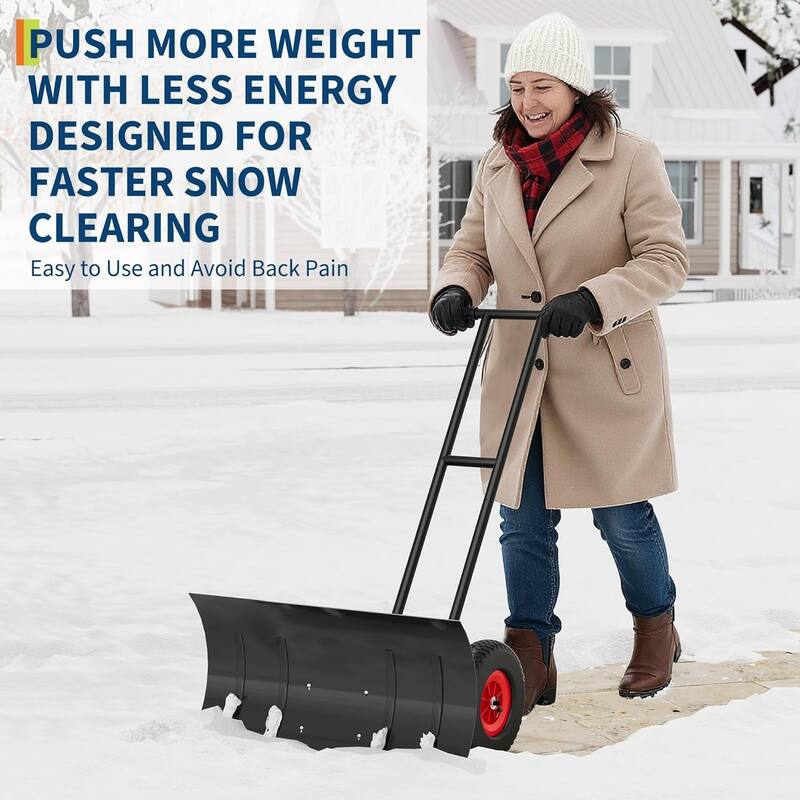 Heavy-Duty 30Inch Steel Snow Pusher with an adjustable handle angled blade and 10 non-slip Wheels for effortless clearing