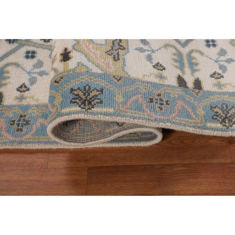Ivory & Light Blue Oushak Oriental Runner Rug Hand-Knotted Wool Carpet - 2'7"x 7'9"
