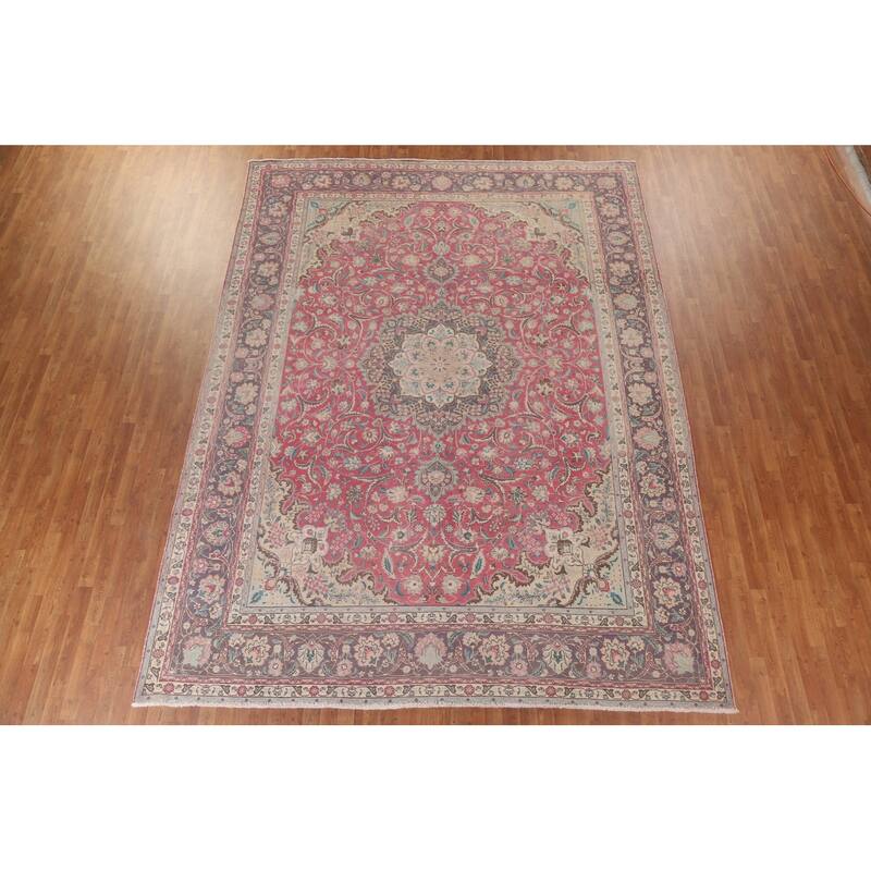 Hand Knotted Oriental 100% Wool Carpet Traditional Floral Pink Tabriz Area Rug - 12' 11'' X 9' 9''