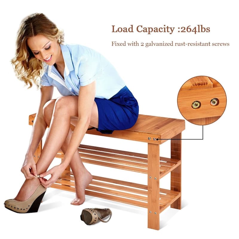 3 Tier Bamboo Bench Storage Shoe Shelf - 27.5" x 11" x 17.5" (L x W x H)