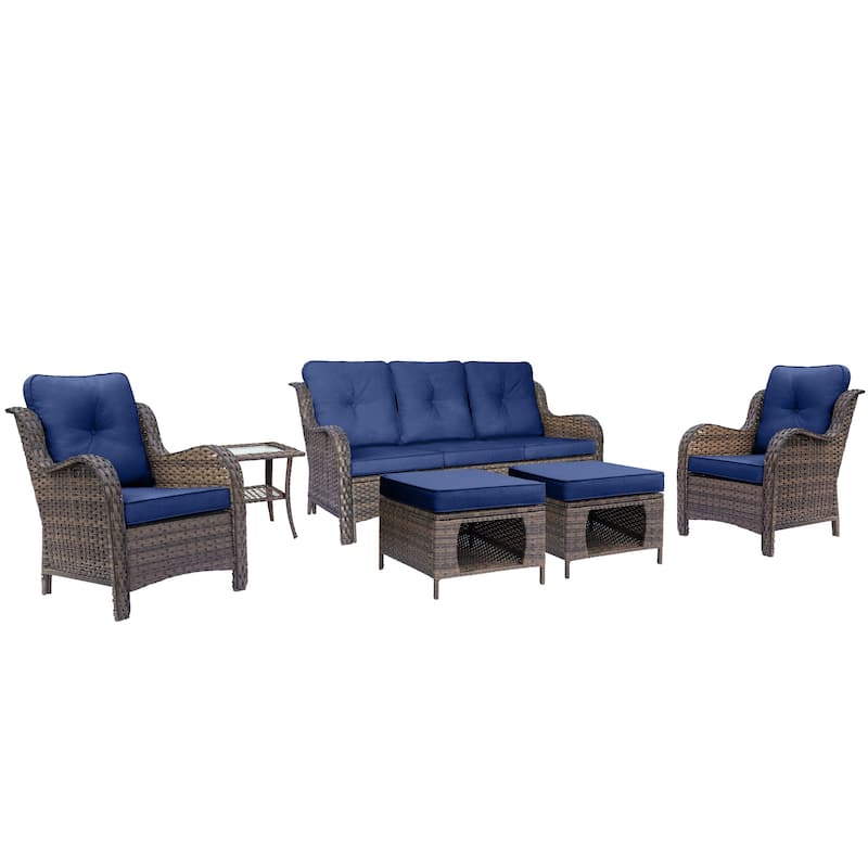 6 Piece Outdoor Patio Conversation Furniture Wicker High Back Sofa Set