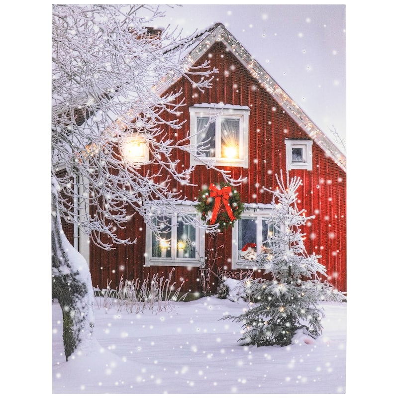 LED Fiber Optic Red Snowy Barn House Christmas Wall Art 15.75 x 12