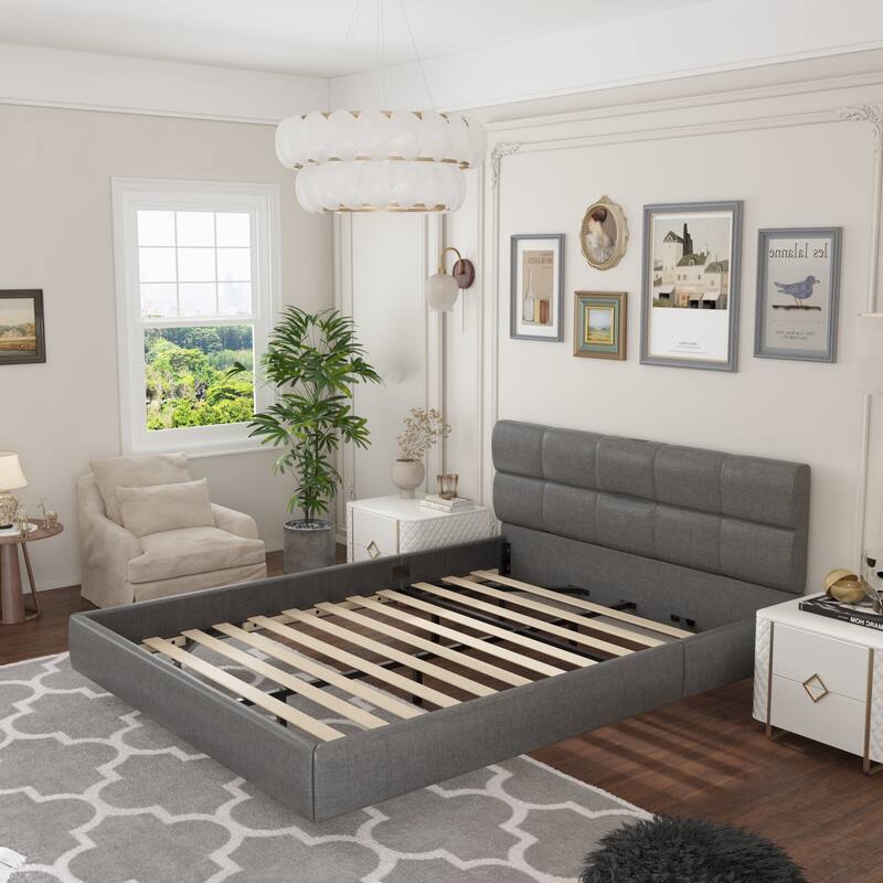 Black Upholstered Bed with LED Lights and Charging Station