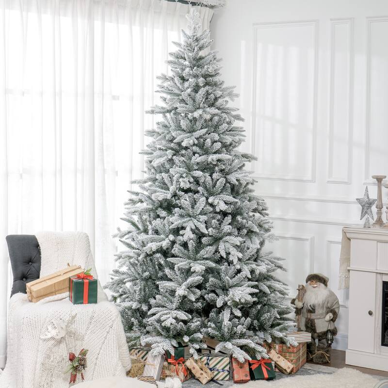 7FT/8FT Snow Flocked Christmas Tree with Realistic Branch Tips and Metal Stand