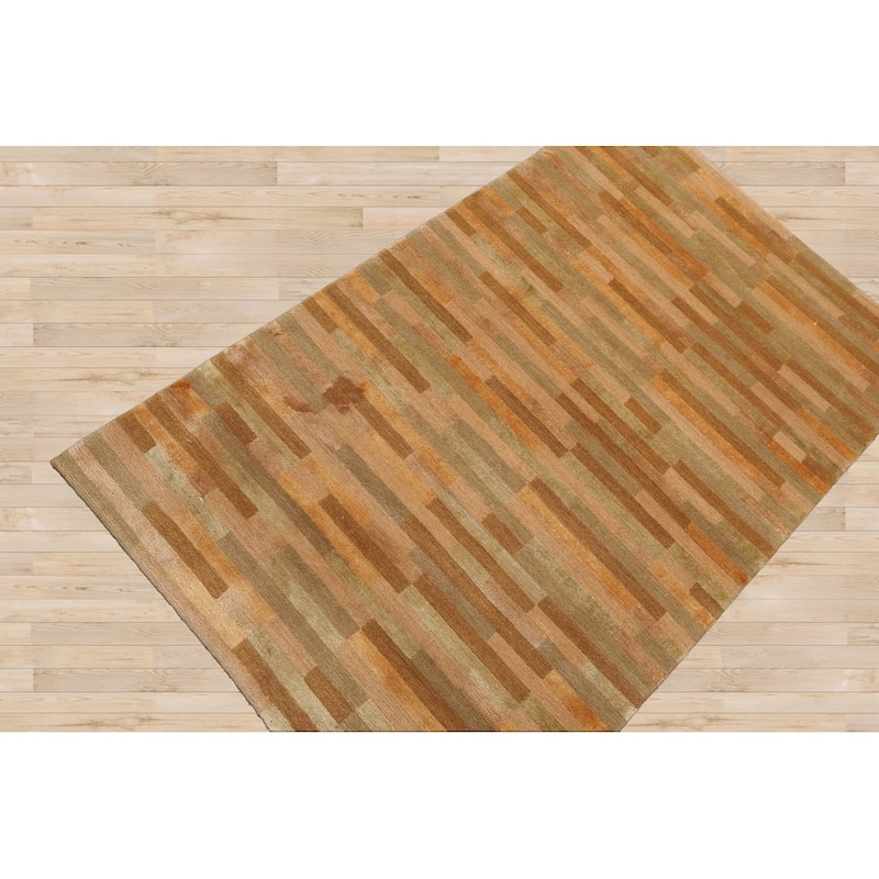 Hand Knotted Stripes Gold Wool & Silk Modern Oriental Area Rug - 3' x 4' 10''