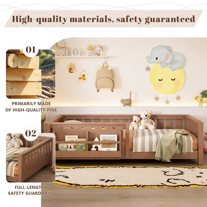 Montessori Floor Bed Low Profile Kids Bed with Rails & Bookshelf