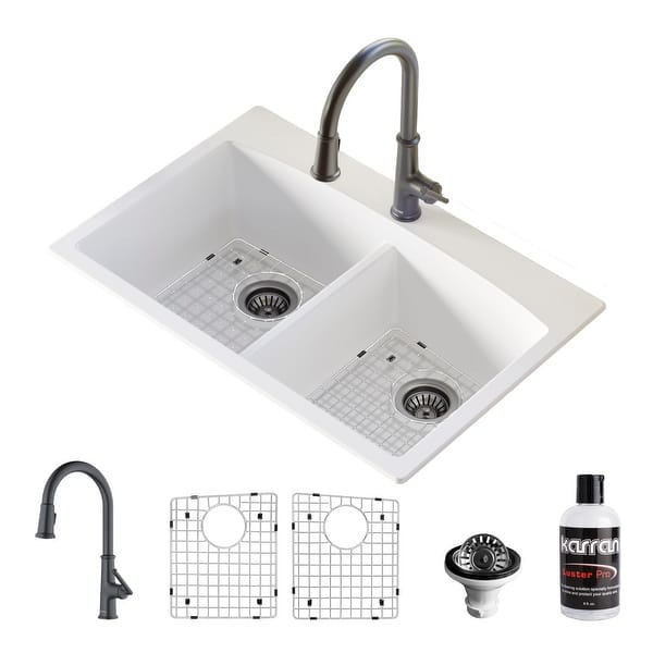 slide 2 of 10, Karran Drop-In Quartz Composite 33 in. 1-Hole 50/50 Double Bowl Kitchen Sink in White with Kitchen Faucet in Gunmetal Grey
