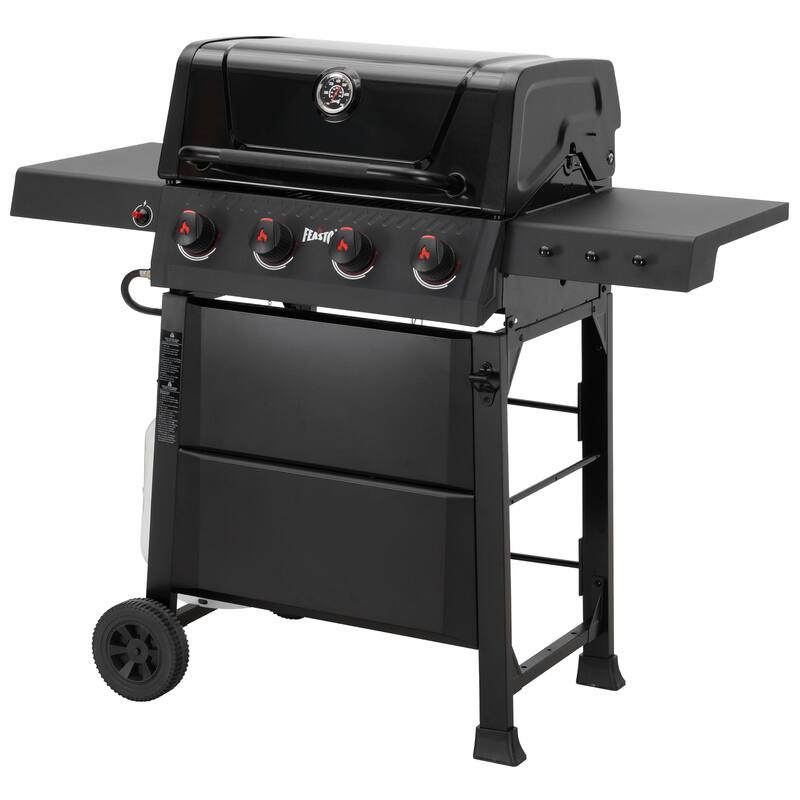 Feasto 4 Burner Liquid Propane Freestanding Gas Grill Cart with Side Table and Wheels, Porcelain-Enameled Grates - Black