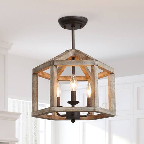 Woodly Modern Farmhouse 3-Light Wood Globe Lantern Semi Flush Mount Ceiling Lights