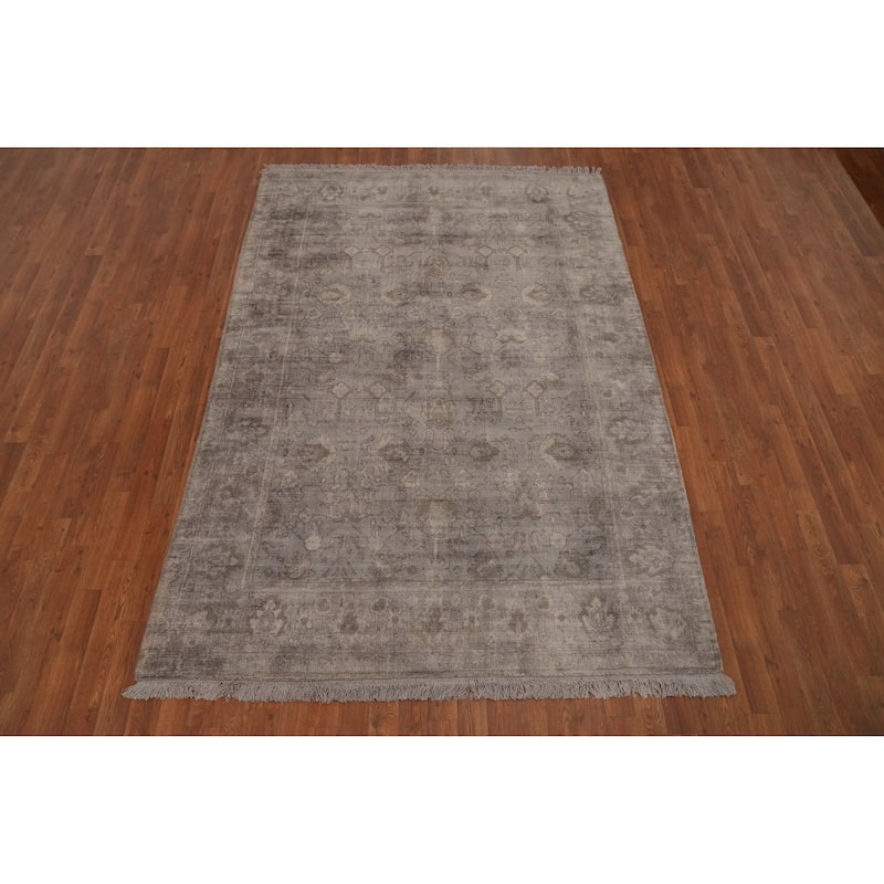 Hand-knotted Transitional Silk Carpet Grey Oushak Rug Floral Oriental Area Rug - 8' 0'' X 5' 7''