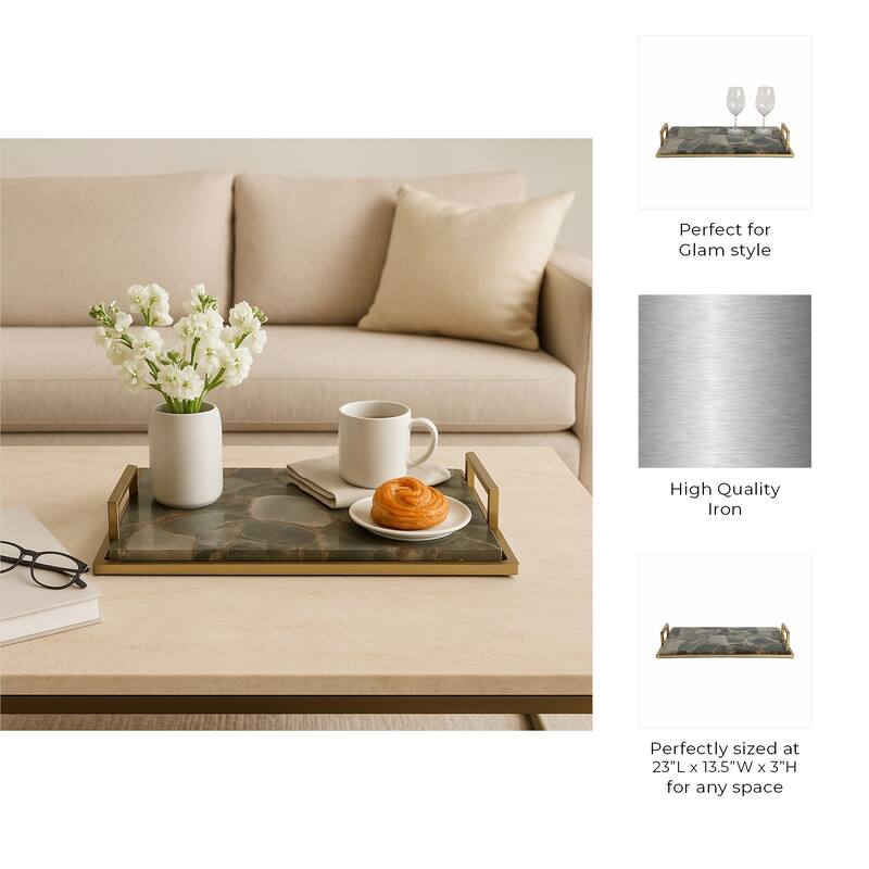 Decorative Agate Accent Tray - Home Decor - 23", Green & Gold