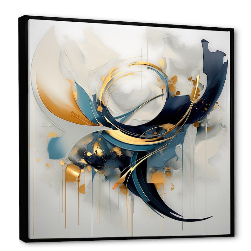 Designart "Abstract Golden Blue Whirls Of Serenity I" Abstract Fractal Gold - Modern Bedroom Framed Canvas Wall Art